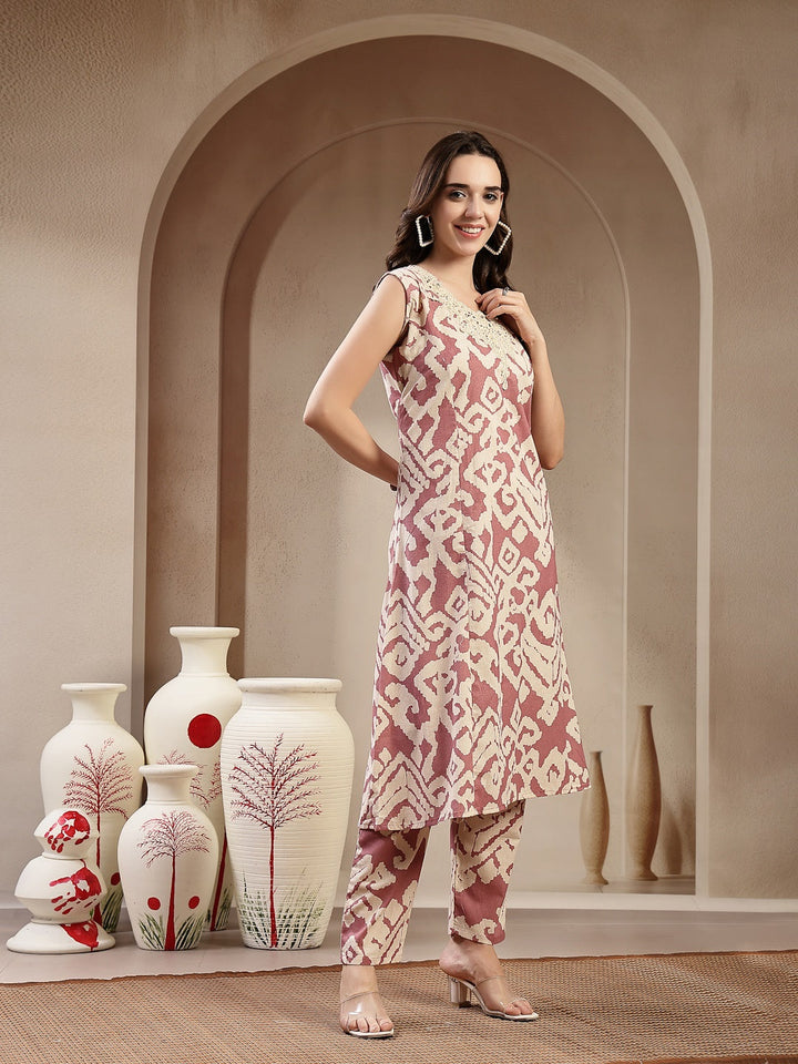 Pink Abstract Print &amp; Embroidered Cotton A-Line Kurta Pant Set