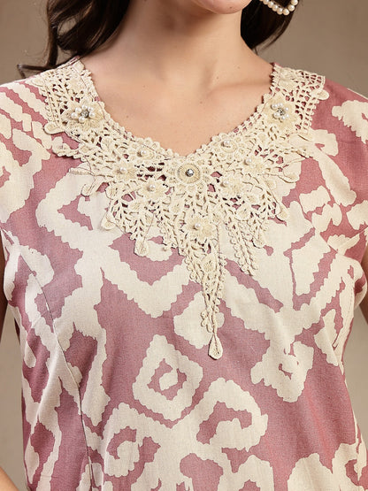 Pink Abstract Print & Embroidered Cotton A-Line Kurta Pant Set