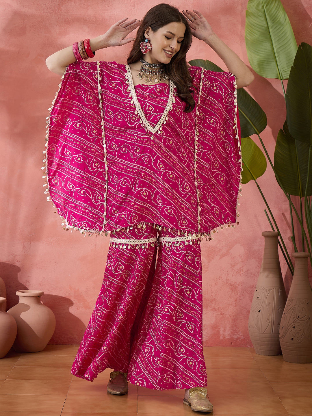 Bandhani Printed Rayon Kaftan Sharara &amp; Tube Top Co-Ords Set