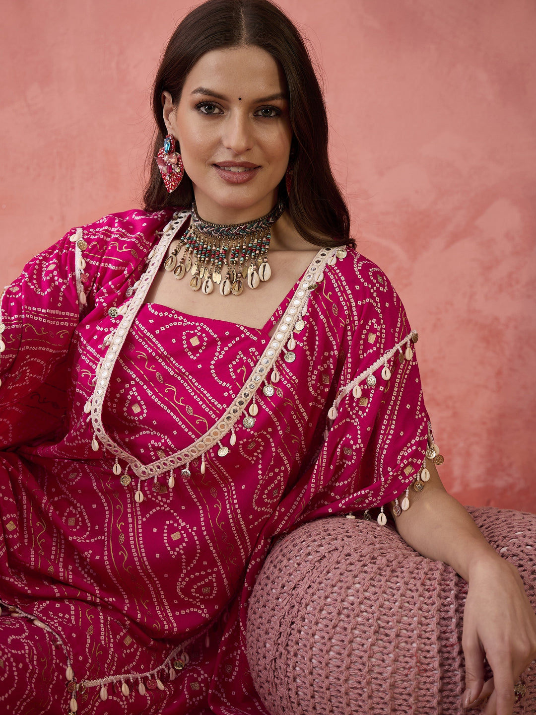 Bandhani Printed Rayon Kaftan Sharara & Tube Top Co-Ords Set