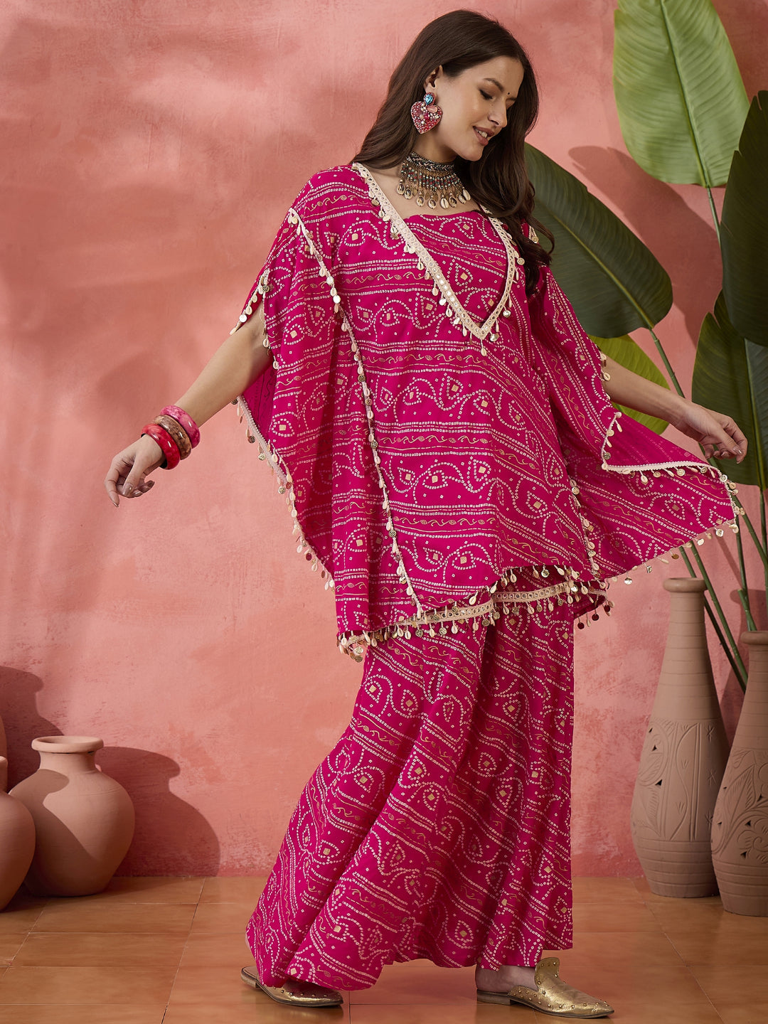 Bandhani Printed Rayon Kaftan Sharara &amp; Tube Top Co-Ords Set