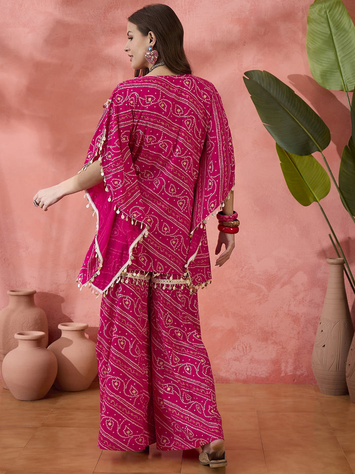 Bandhani Printed Rayon Kaftan Sharara &amp; Tube Top Co-Ords Set