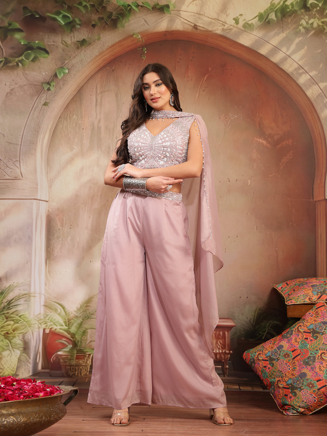 Solid &amp; Embroidered Poly Georgette Co-Ord Set
