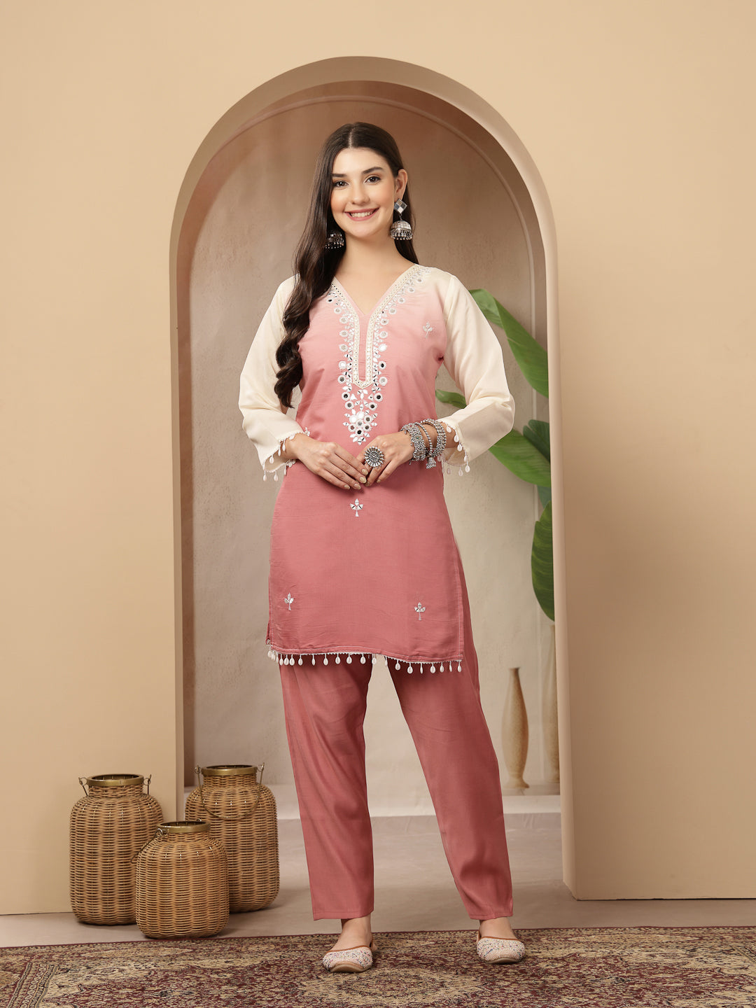 Solid &amp; Mirror Work Silk Blend Co-Ords Set