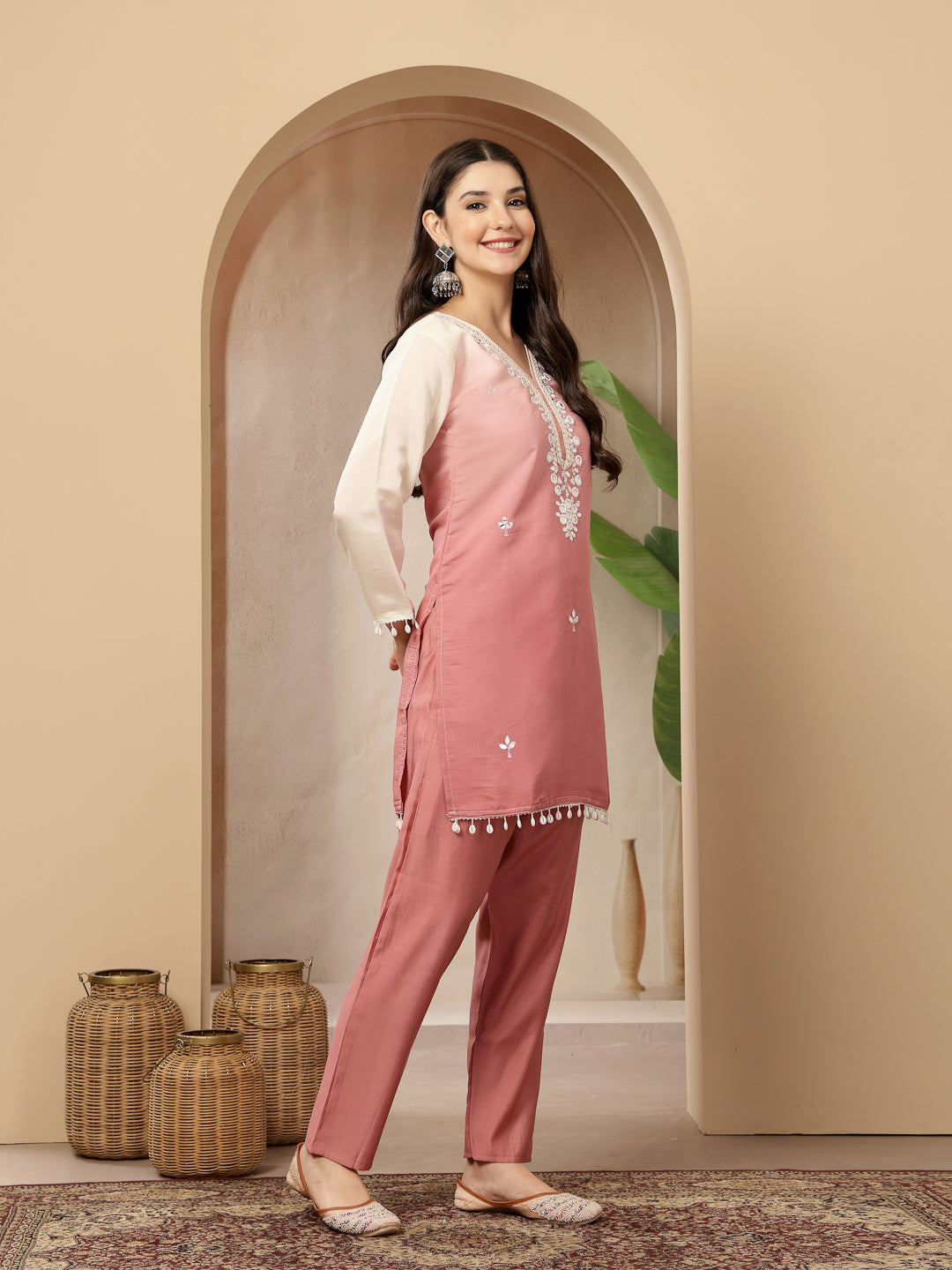 Solid &amp; Mirror Work Silk Blend Co-Ords Set