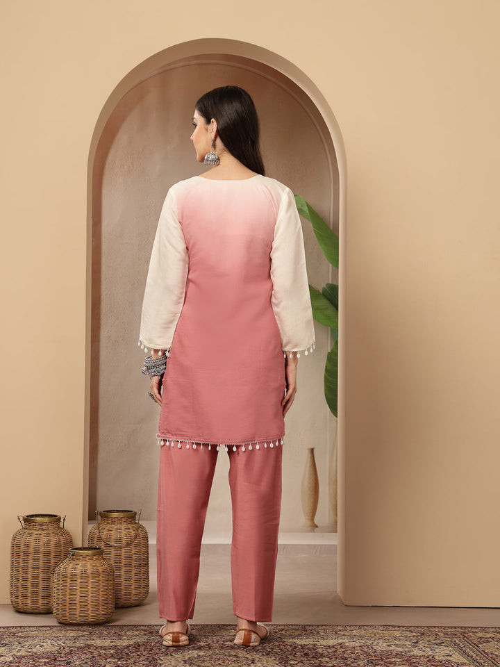 Solid &amp; Mirror Work Silk Blend Co-Ords Set