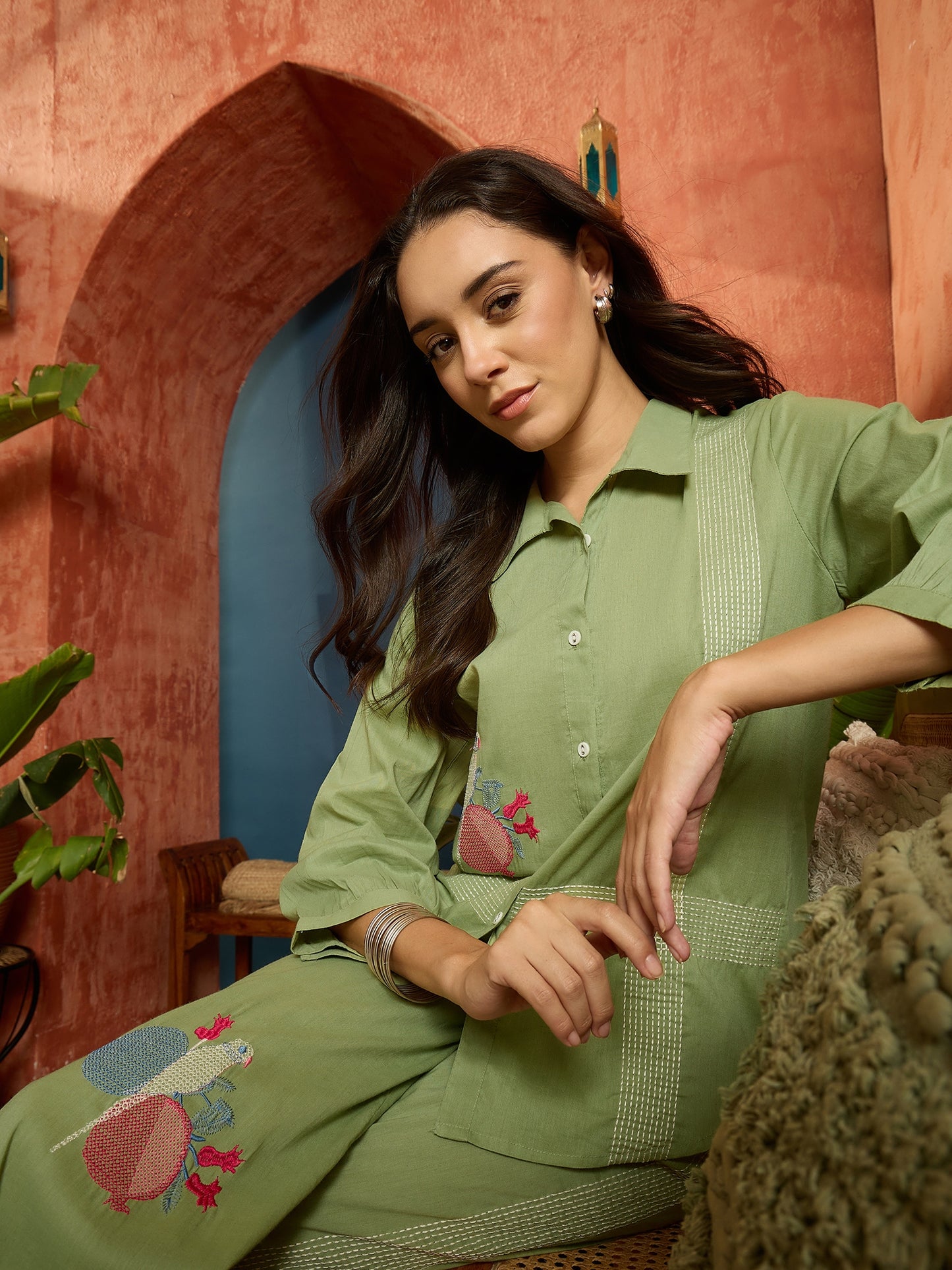 Solid & Embroidered Cotton Slub Co-Ord Set