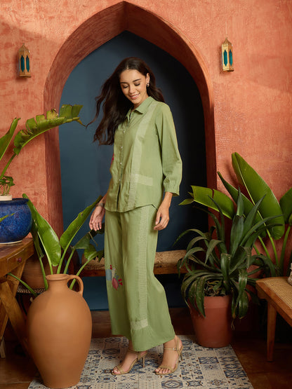 Solid & Embroidered Cotton Slub Co-Ord Set
