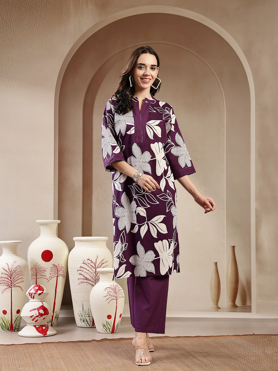 Purple Floral Printed Cotton Straight Kurta Palazzo Set (Pre-Order)