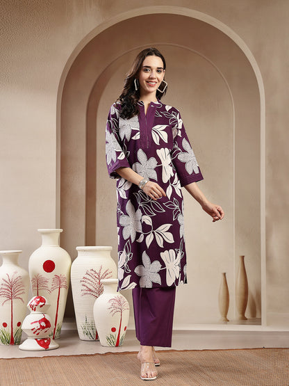 Purple Floral Printed Cotton Straight Kurta Palazzo Set (Pre-Order)
