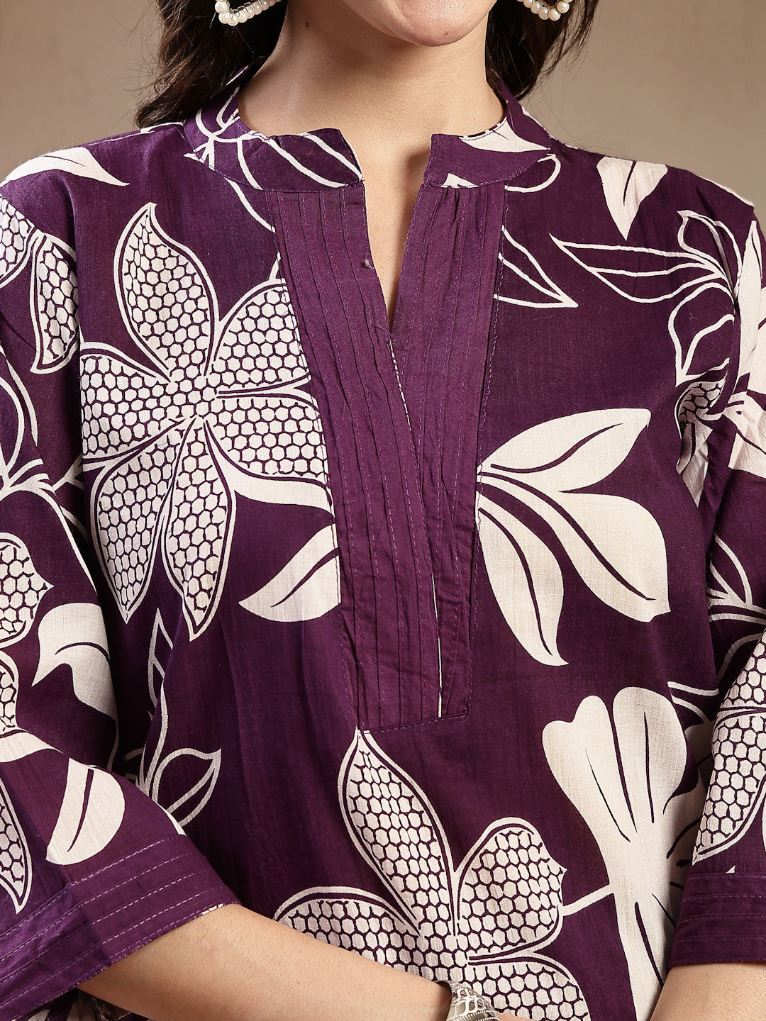 Purple Floral Printed Cotton Straight Kurta Palazzo Set