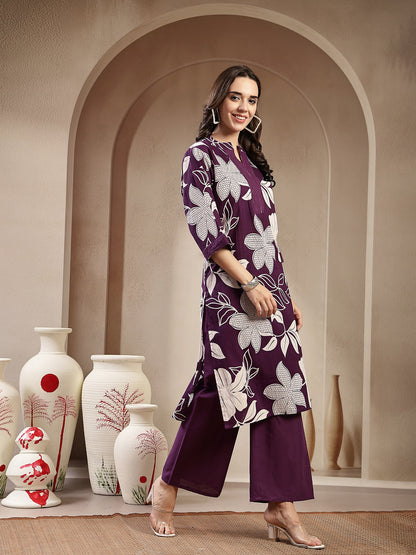 Purple Floral Printed Cotton Straight Kurta Palazzo Set