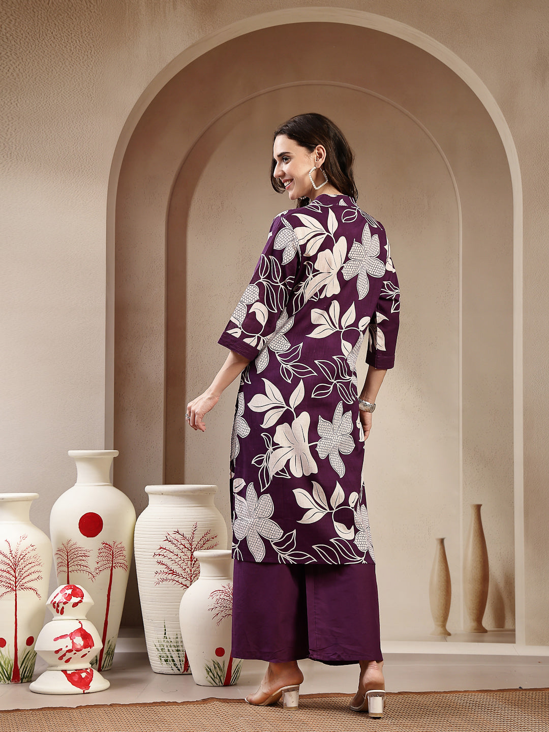 Purple Floral Printed Cotton Straight Kurta Palazzo Set