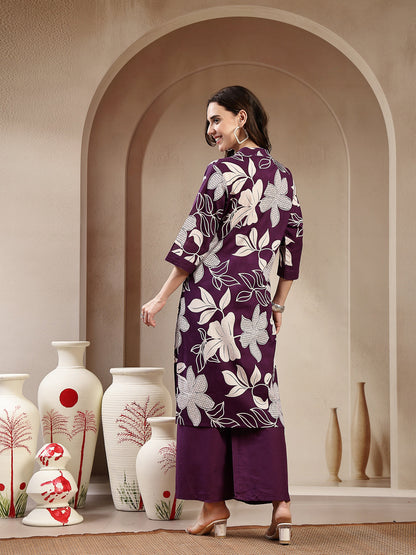 Purple Floral Printed Cotton Straight Kurta Palazzo Set