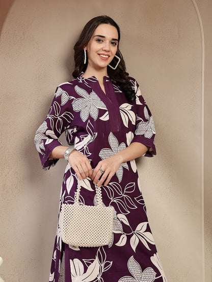 Purple Floral Printed Cotton Straight Kurta Palazzo Set (Pre-Order)