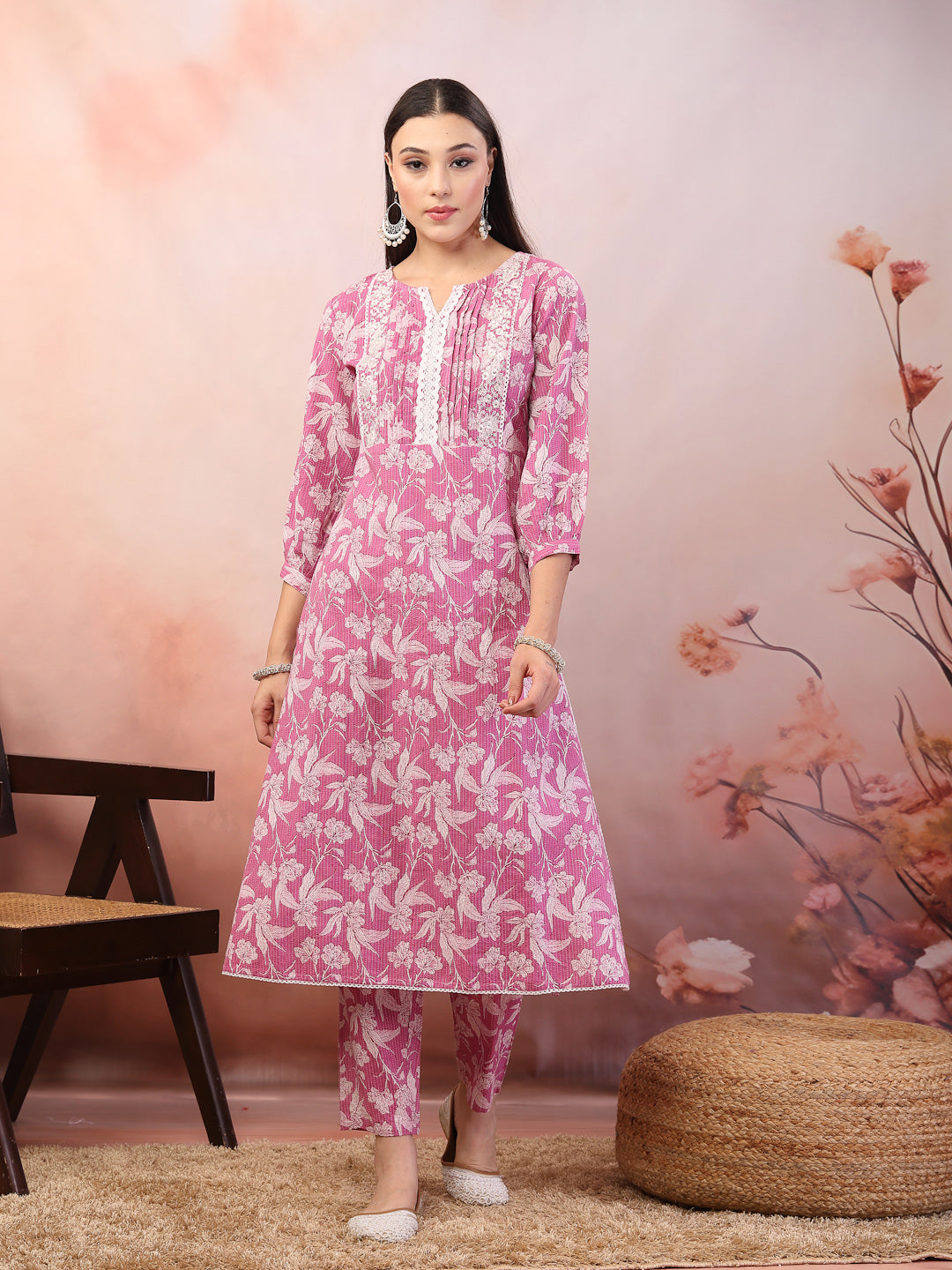 Purple Floral Printed &amp; Embroidered Katha Cotton Co-Ord Set