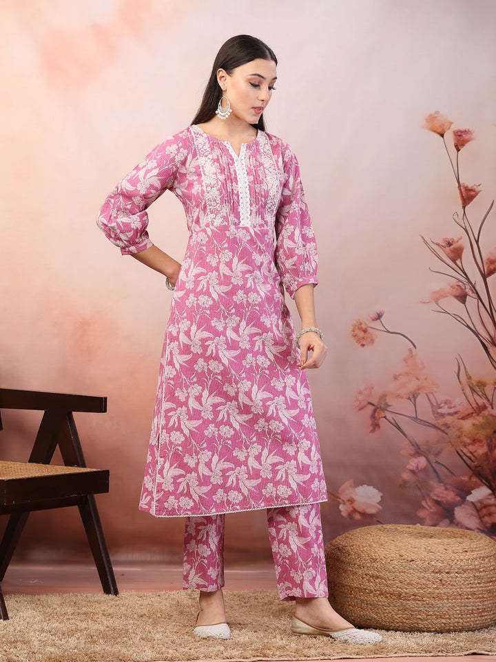 Purple Floral Printed &amp; Embroidered Katha Cotton Co-Ord Set