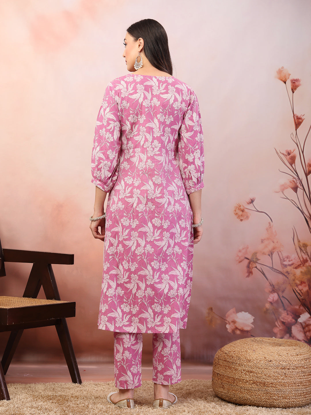 Purple Floral Printed &amp; Embroidered Katha Cotton Co-Ord Set