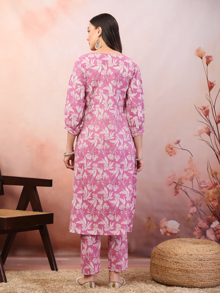 Purple Floral Printed &amp; Embroidered Katha Cotton Co-Ord Set