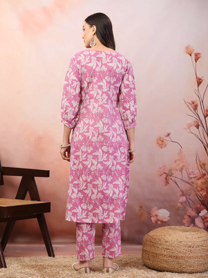Purple Floral Printed & Embroidered Katha Cotton Co-Ord Set (Pre-Order)