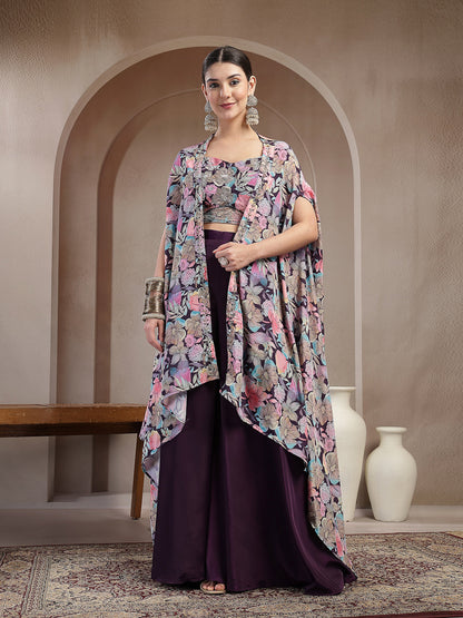Purple Floral Printed & Embroidered Silk Blend Co-Ords Set