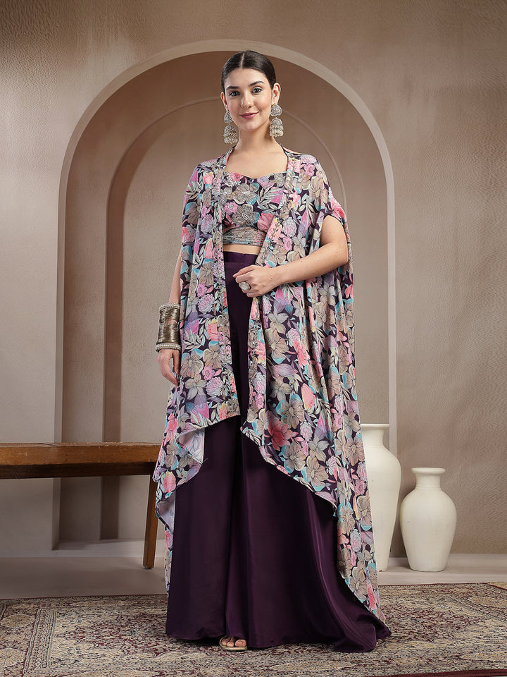Purple Floral Printed &amp; Embroidered Silk Blend Co-Ords Set
