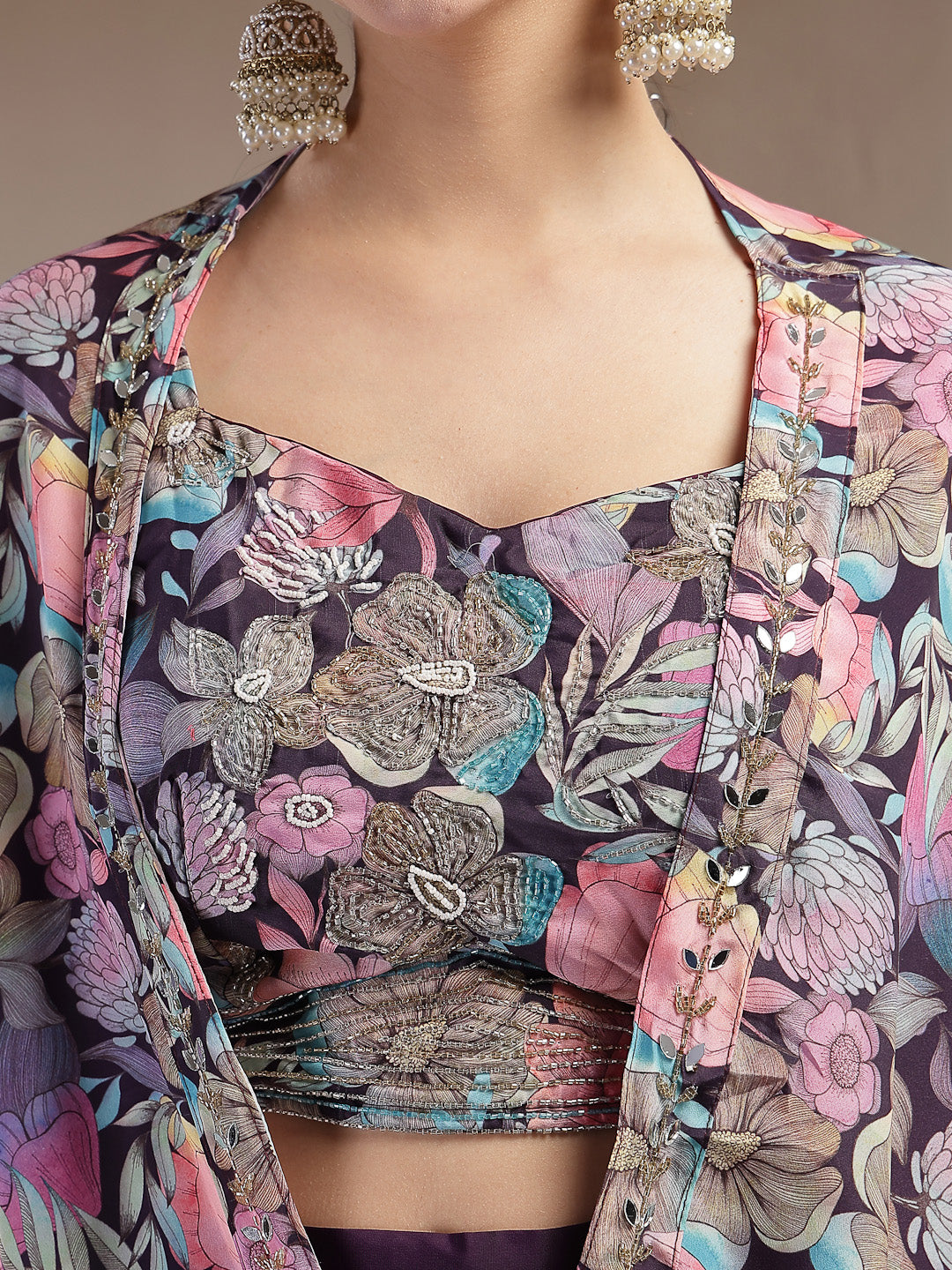 Purple Floral Printed &amp; Embroidered Silk Blend Co-Ords Set