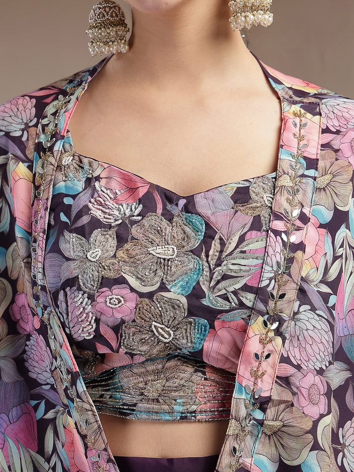 Purple Floral Printed &amp; Embroidered Silk Blend Co-Ords Set