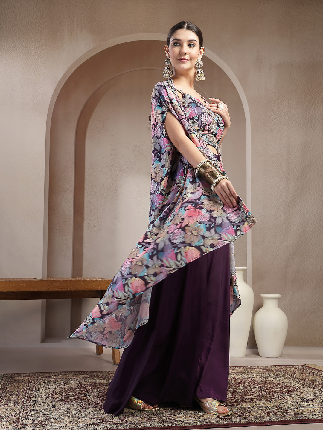 Purple Floral Printed &amp; Embroidered Silk Blend Co-Ords Set