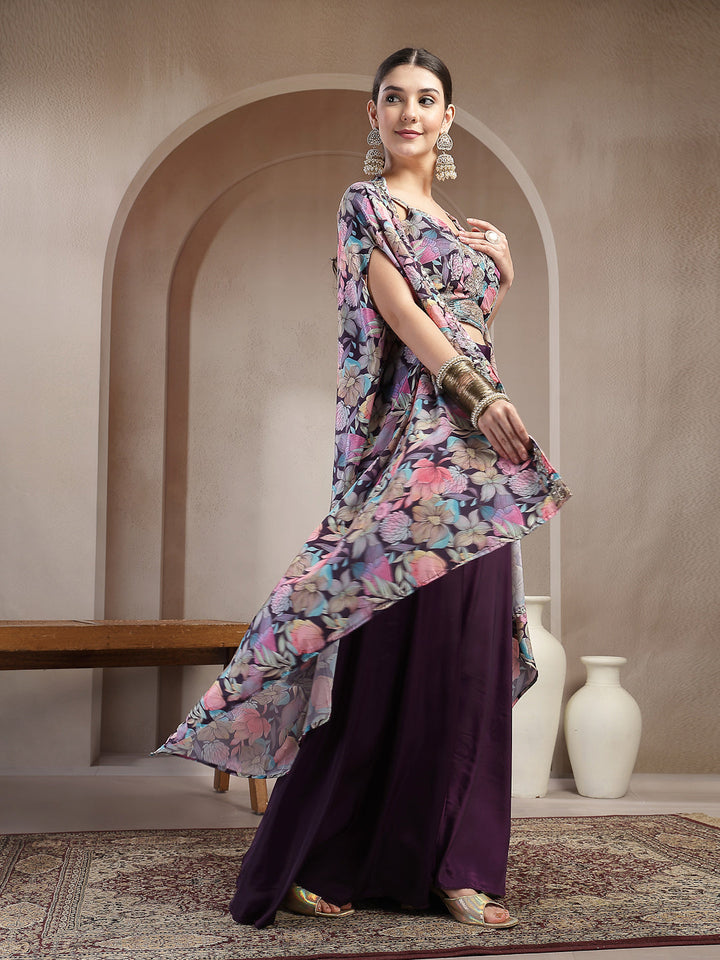 Purple Floral Printed &amp; Embroidered Silk Blend Co-Ords Set