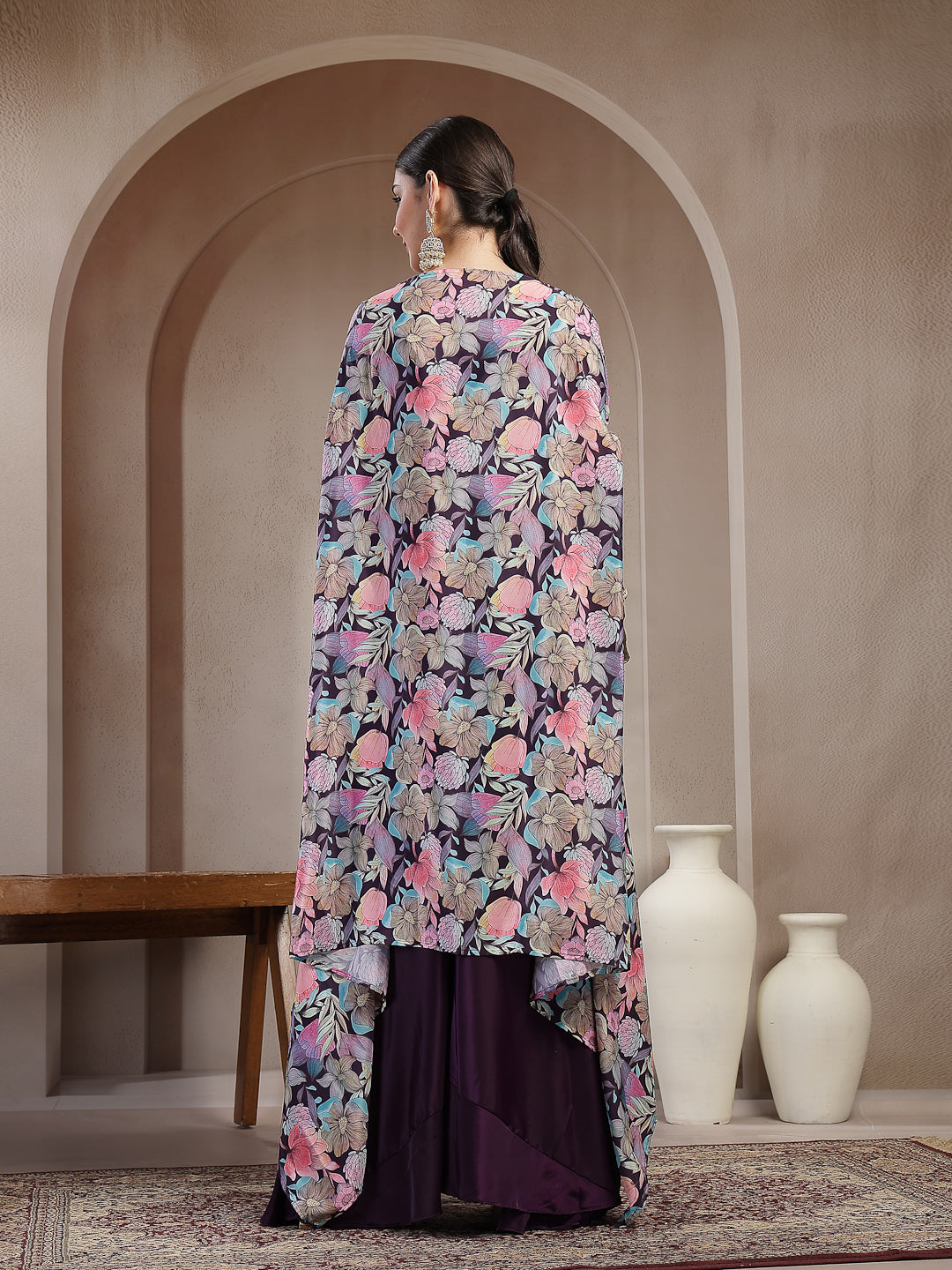 Purple Floral Printed &amp; Embroidered Silk Blend Co-Ords Set