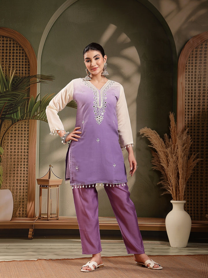 Purple Solid &amp; Mirror Work Silk Blend Co-Ord Set
