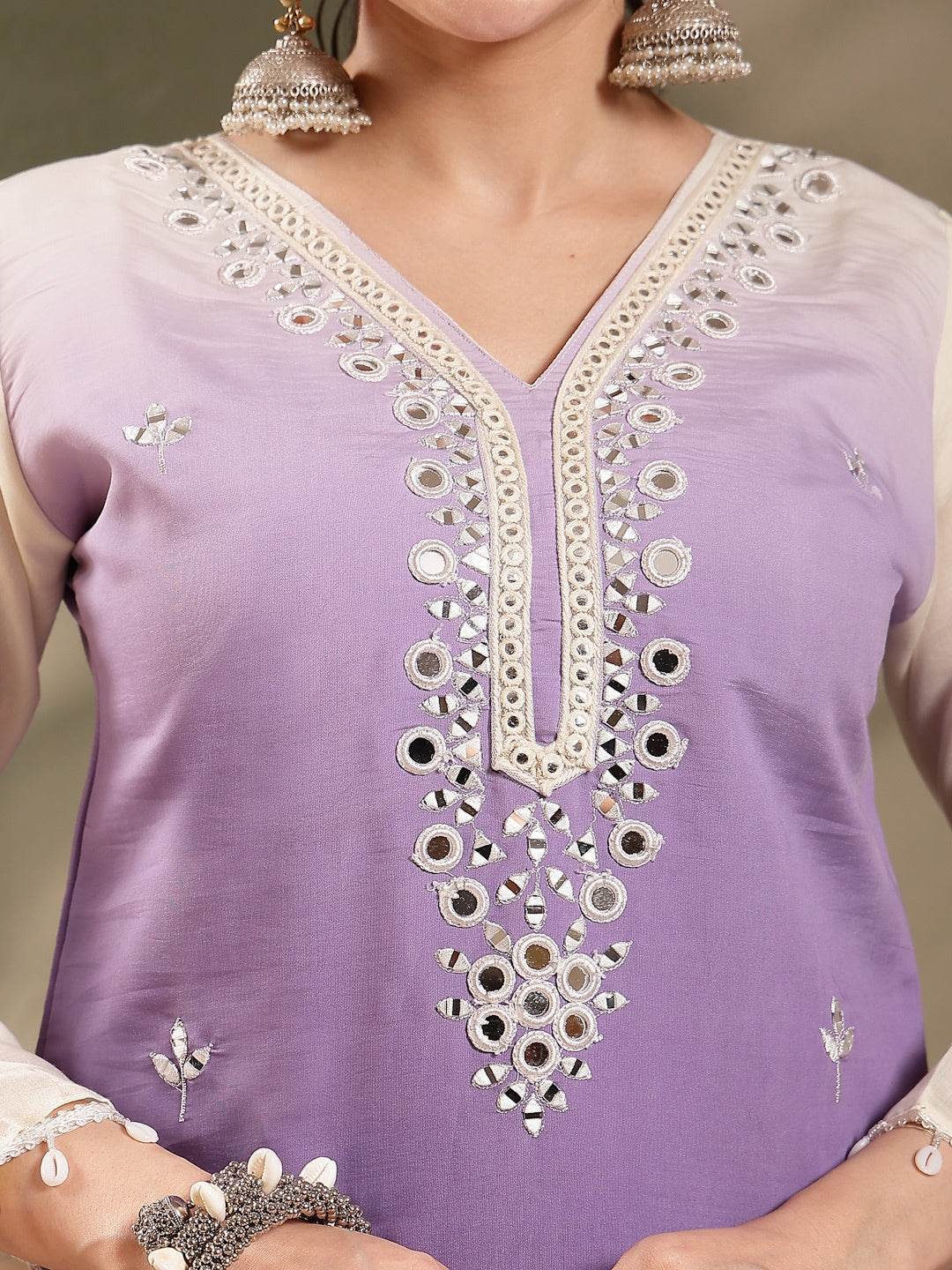Purple Solid &amp; Mirror Work Silk Blend Co-Ord Set