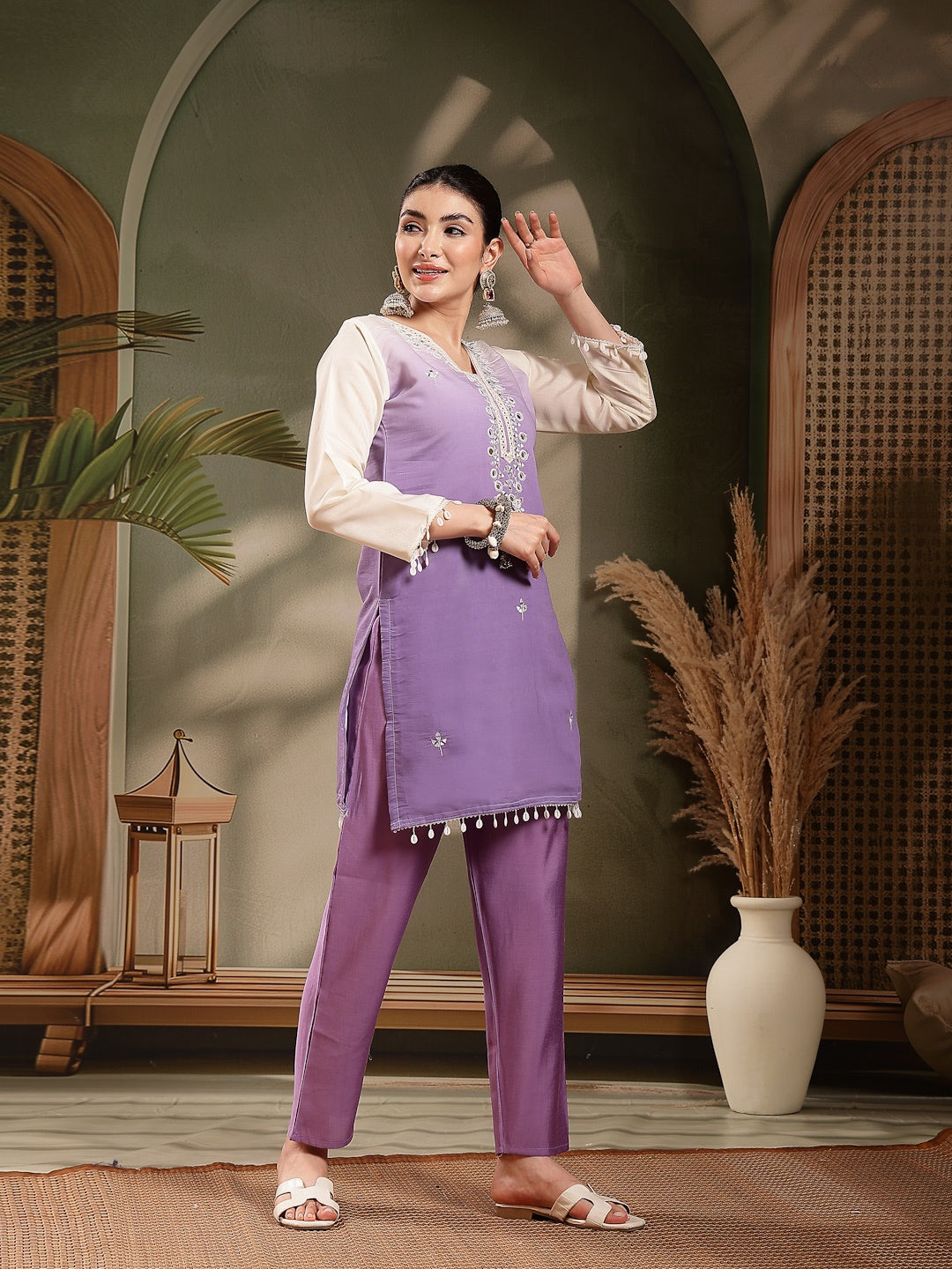 Purple Solid &amp; Mirror Work Silk Blend Co-Ord Set