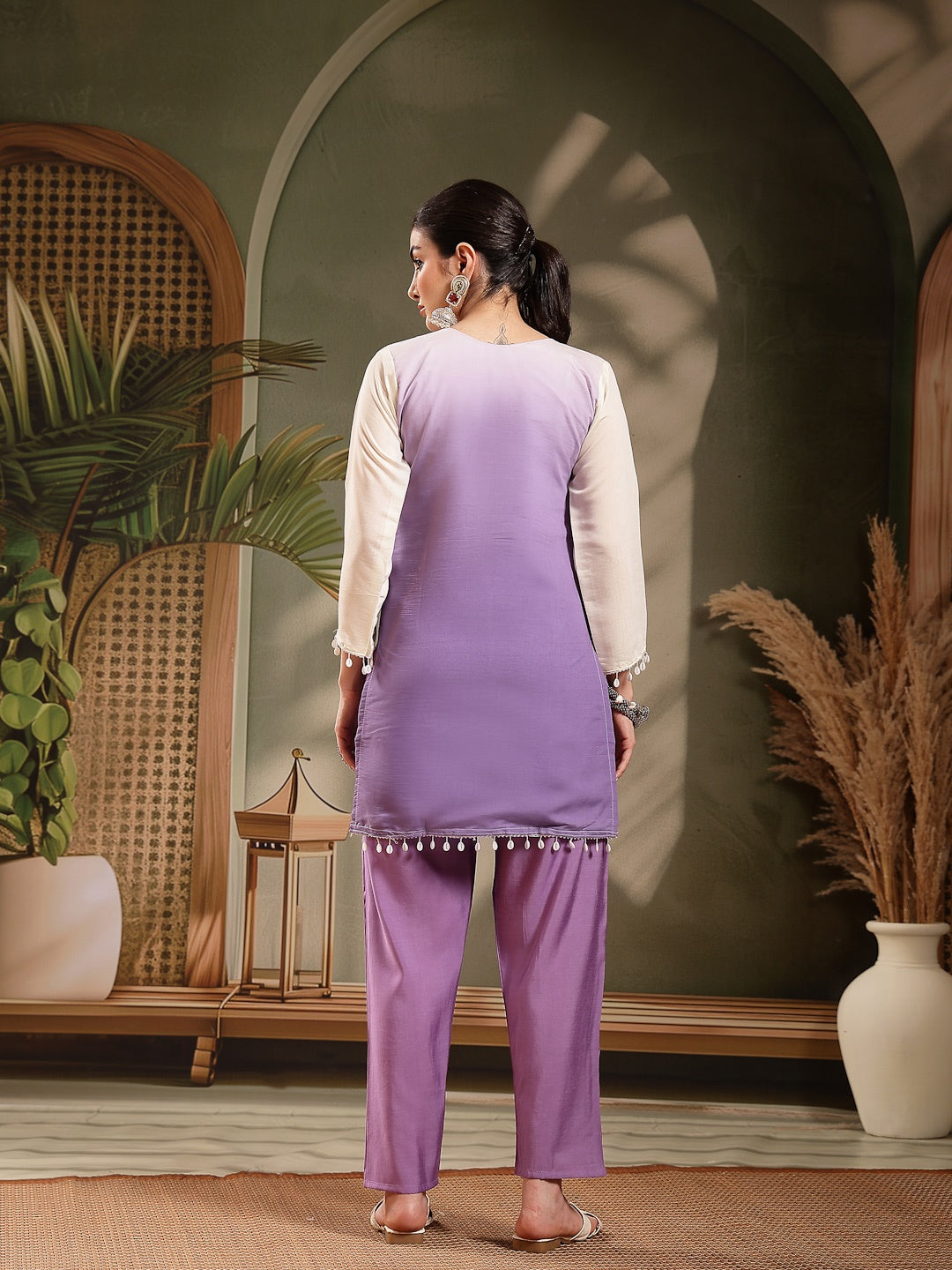 Purple Solid &amp; Mirror Work Silk Blend Co-Ord Set