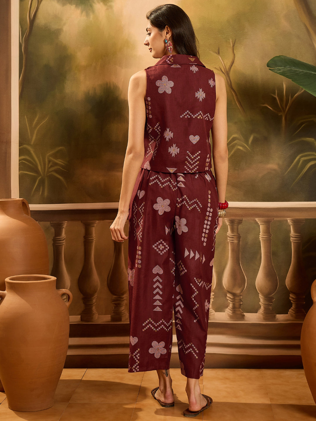 Women's Rust Geometric Printed Cotton Blend Co-Ord Set