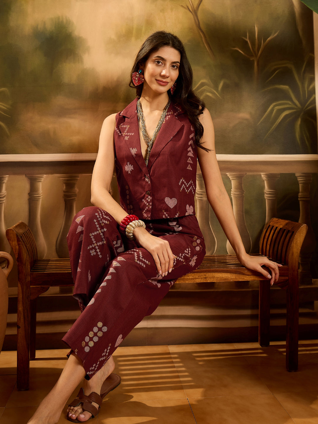 Women's Rust Geometric Printed Cotton Blend Co-Ord Set