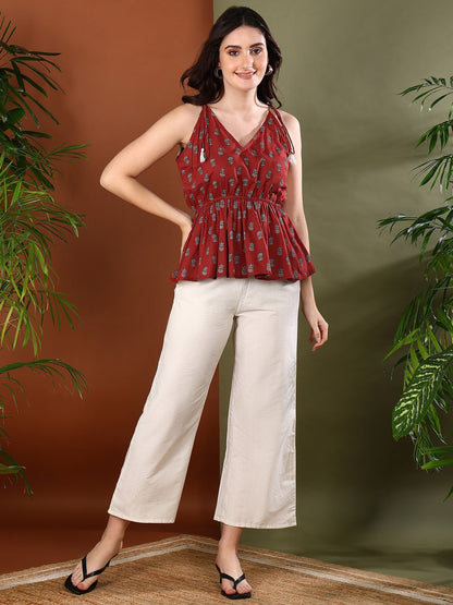 Rust Ethnic Motif Printed Cotton Co-Ords Set (Pre-Order)