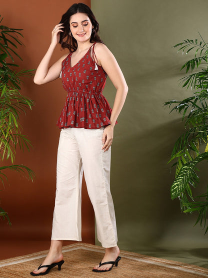 Rust Ethnic Motif Printed Cotton Co-Ords Set