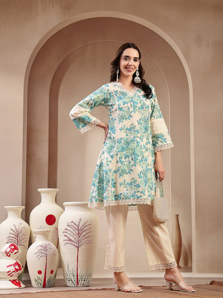 Sky Blue Floral Printed Cotton Co-Ord Set