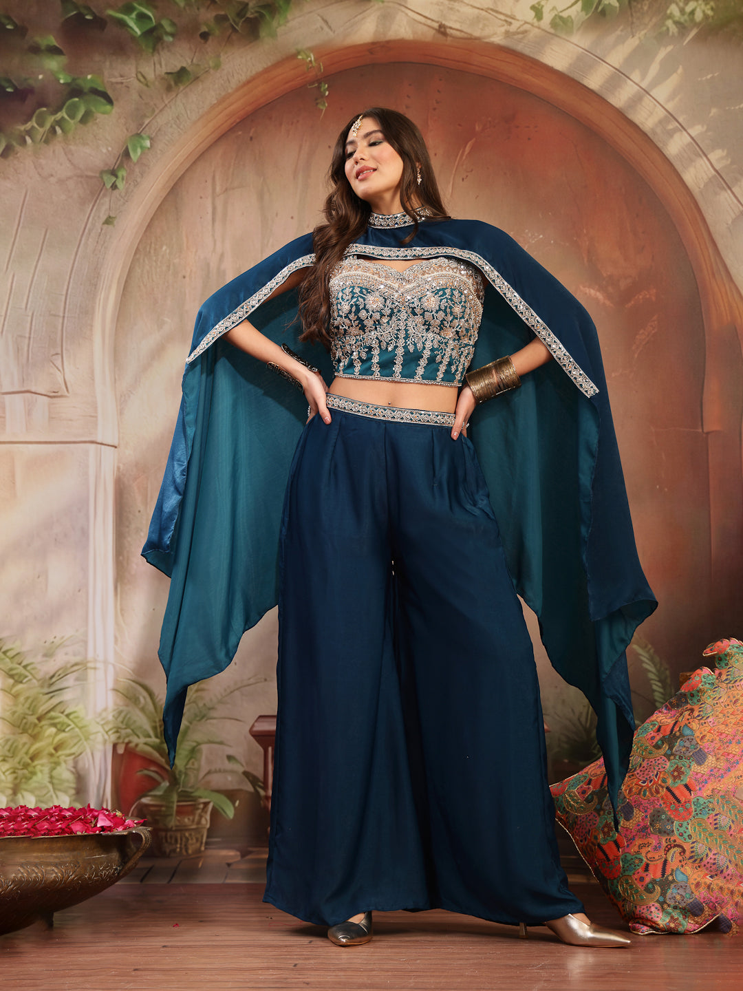 Solid &amp; Embroidered Velvet Co-Ord Set