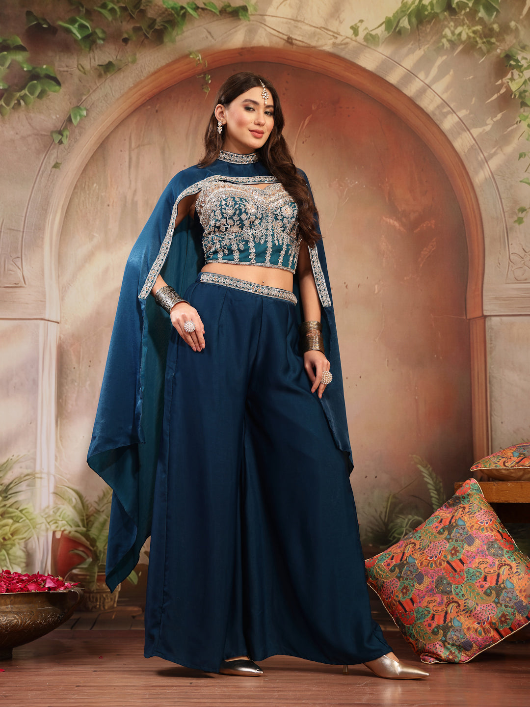Solid &amp; Embroidered Velvet Co-Ord Set