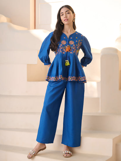 Teal Solid & Embroidered Cotton Blend Co-ord Set (Pre-Order)