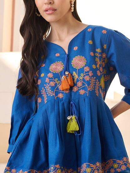 Teal Solid & Embroidered Cotton Blend Co-ord Set