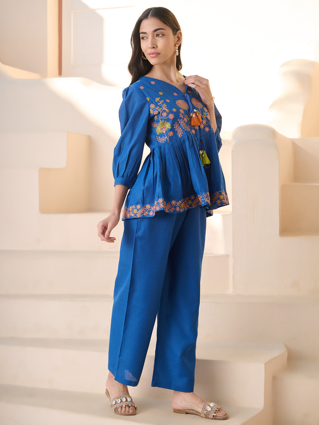 Teal Solid & Embroidered Cotton Blend Co-ord Set