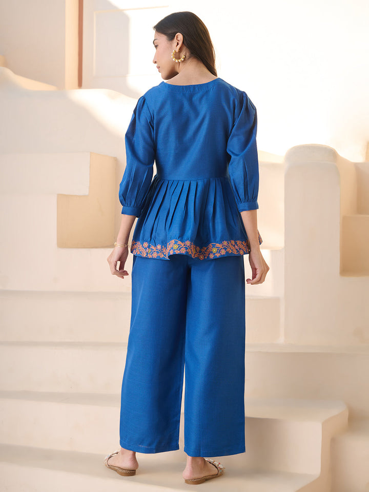 Teal Solid &amp; Embroidered Cotton Blend Co-ord Set