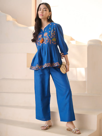 Teal Solid & Embroidered Cotton Blend Co-ord Set