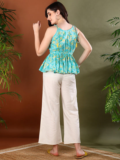 Turquoise Floral Printed Cotton Co-ords Set