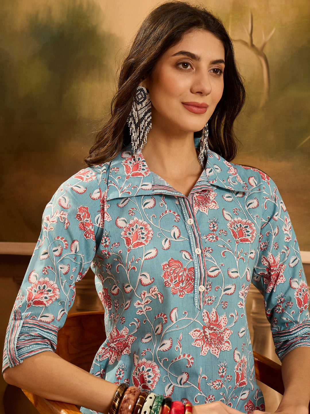 Turq Blue Floral Printed Cotton Co-ords Set (Pre-Order)