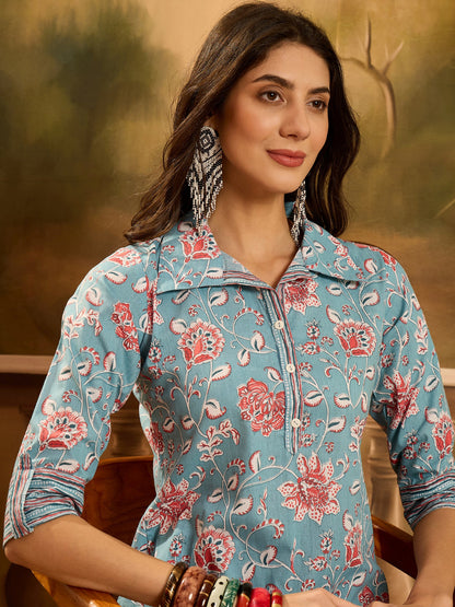 Turq Blue Floral Printed Cotton Co-ords Set (Pre-Order)